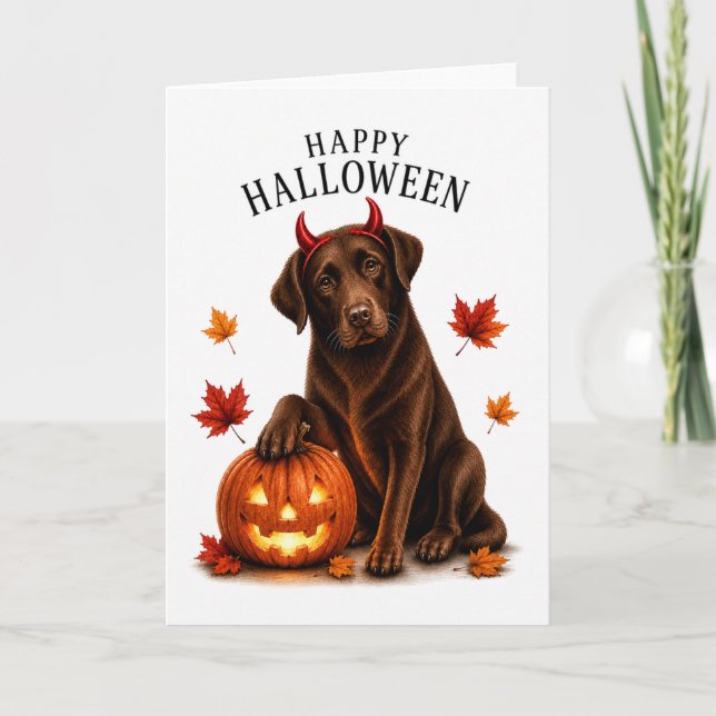 Chocolate Labrador Halloween Devil Dog Card (Front)