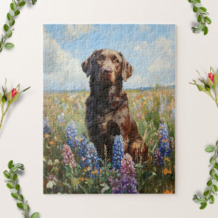 Chocolate Labrador Lupine Flowers Jigsaw Puzzle