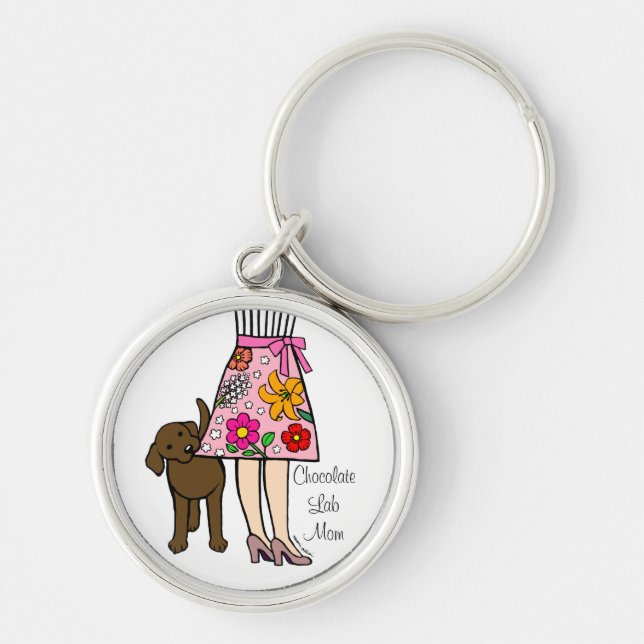 Chocolate Labrador & Mum's Skirt Cartoon Key Ring (Front)