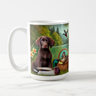 Chocolate Labrador Puppy by a Lake with Ducks Coffee Mug