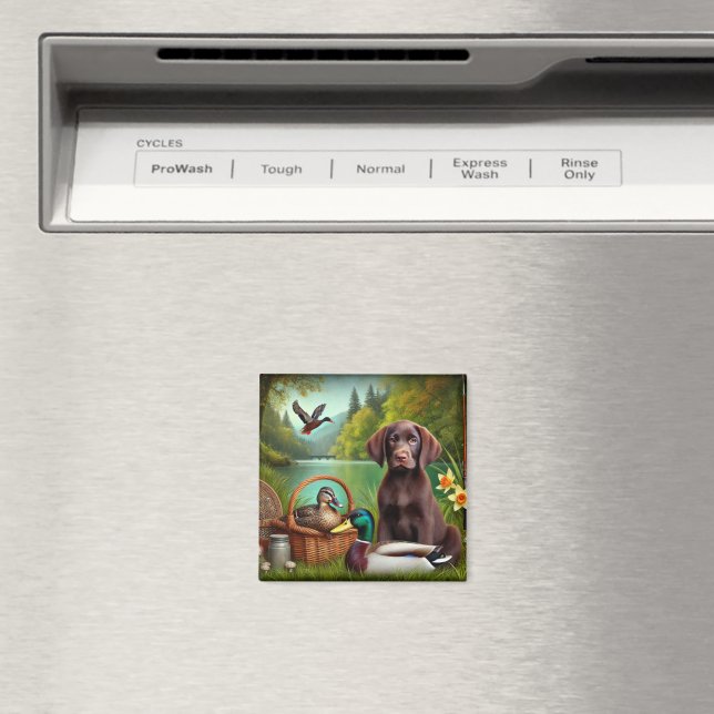 Chocolate Labrador Puppy by a Lake with Ducks Magnet (In Situ (Dishwasher))