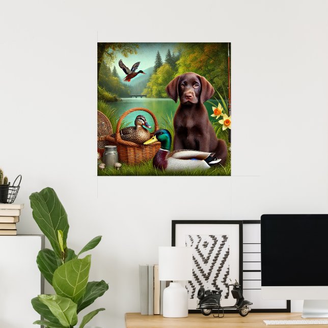 Chocolate Labrador Puppy by a Lake with Ducks Poster (Home Office)
