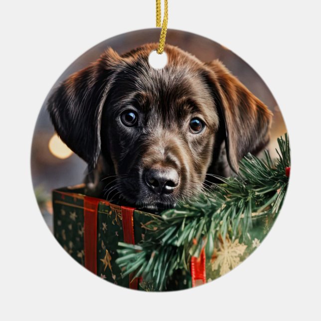 Chocolate Labrador Puppy Christmas Ceramic Ornament (Front)
