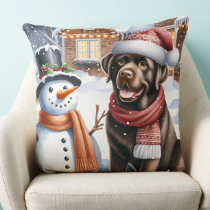 Chocolate Labrador Puppy Dog Snowman Christmas Cushion