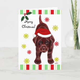 Chocolate Labrador Puppy & Santa Hat Christmas Holiday Card