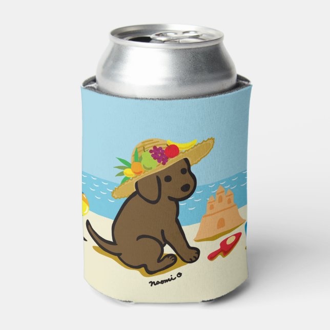 Chocolate Labrador Puppy Straw Hat Cartoon Can Cooler (Can Front)