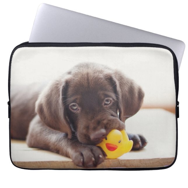 Chocolate Labrador Puppy With Toy Duck Laptop Sleeve (Front)