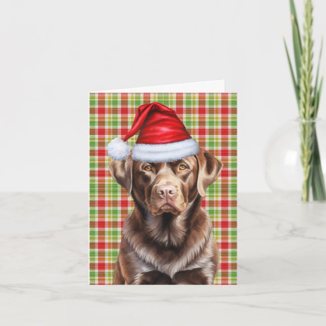 Chocolate Labrador Red and Green Plaid Christmas Holiday Card (Front)