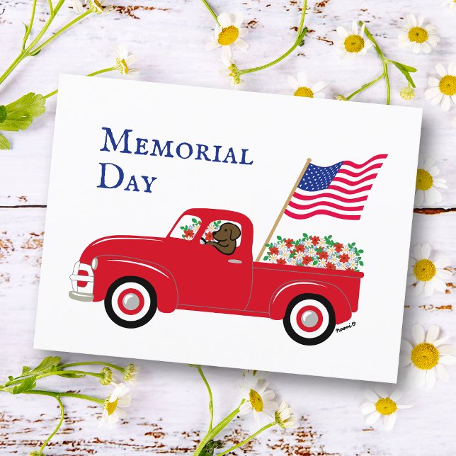Chocolate Labrador Red Truck Memorial Day Postcard (Chocolate Labrador Memorial Day Postcard for Labrador Owners.  The US Flag and Red Truck design.)