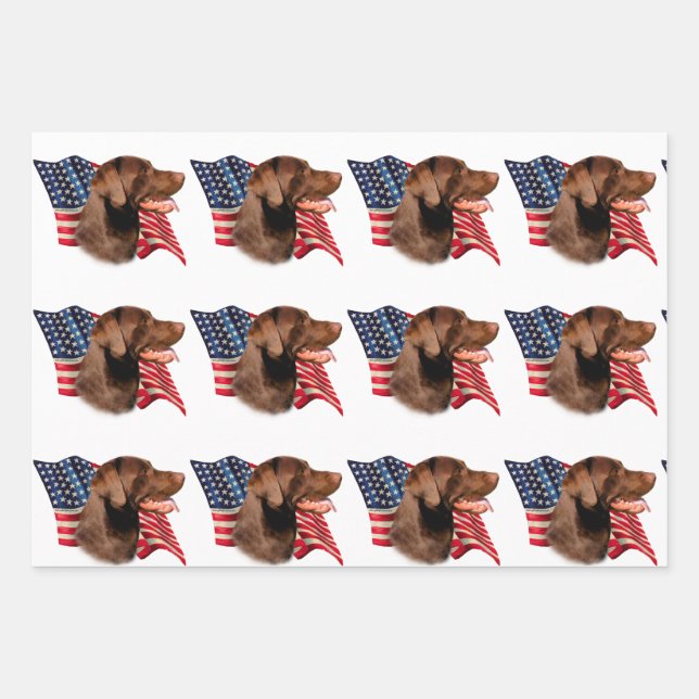 Chocolate Labrador Retriever American Flag Wrapping Paper Sheet (Front)