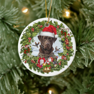 Chocolate Labrador Retriever,  Christmas wreath  Ceramic Ornament
