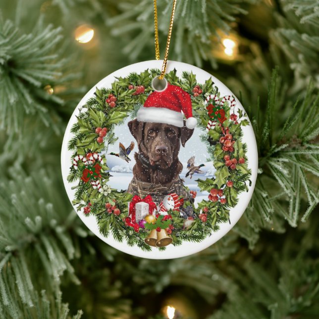 Chocolate Labrador Retriever,  Christmas wreath  Ceramic Ornament (Tree)