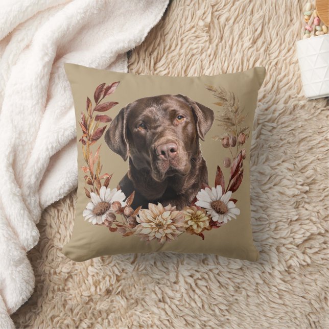 Chocolate Labrador Retriever Dog Autumn Wreath Cushion (Blanket)