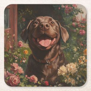 Chocolate Labrador Retriever Dog Cottage Garden Square Paper Coaster