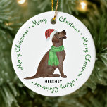 Chocolate Labrador Retriever Dog Merry Christmas Ceramic Ornament<br><div class="desc">Decorate your tree or give a special gift this holiday season with this elegant Merry Christmas chocolate labrador retriever in a wreath design christmas ornament, and matching decor. This chocolate labrador christmas ornament features a watercolor dog in a merry christmas script wreath. Personalise with name front, year back . This...</div>