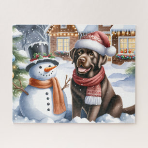 Chocolate Labrador Retriever Dog Snowman Puppy  Jigsaw Puzzle
