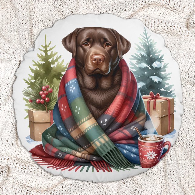 Chocolate Labrador Retriever Holiday Puppy Dog  Round Cushion (Creator Uploaded)