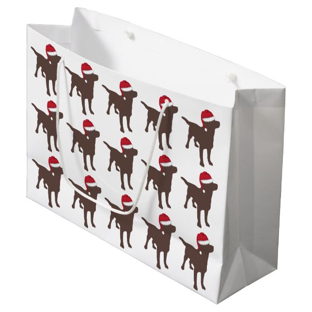 Chocolate Labrador Retriever In Red Santa Hat Large Gift Bag (Front Angled)