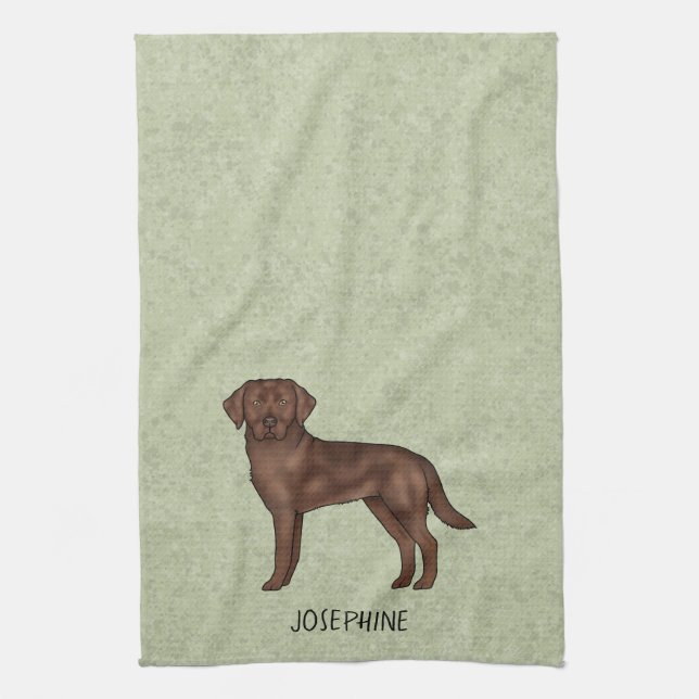 Chocolate Labrador Retriever Lab Custom Name Green Tea Towel (Vertical)