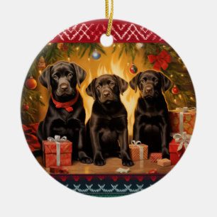 Chocolate Labrador Retriever puppies Christmas Ceramic Ornament
