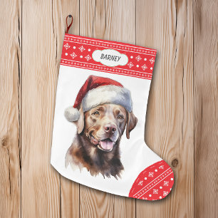 Chocolate Labrador Retriever Santa Hat Snowflake Large Christmas Stocking