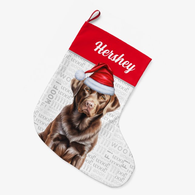 Chocolate Labrador Retriever with Dog's Name Large Christmas Stocking (Front (Hanging))