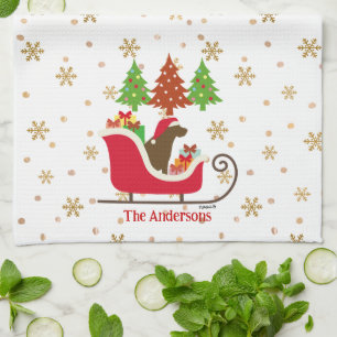 Chocolate Labrador Silhouette Christmas Sleigh Tea Towel