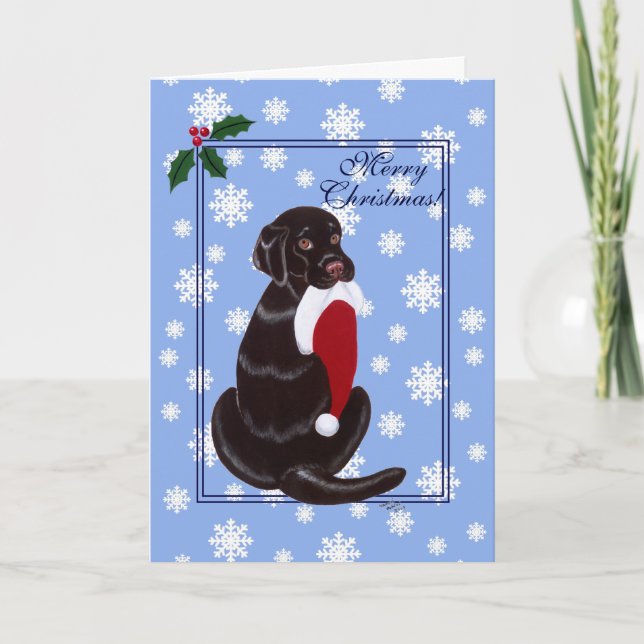 Chocolate Labrador  with Santa Hat Snowflake Holiday Card (Front)