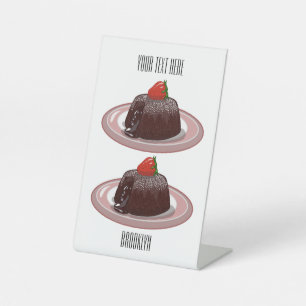 Chocolate lava cake cartoon illustration pedestal sign