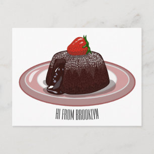 Chocolate lava cake cartoon illustration postcard