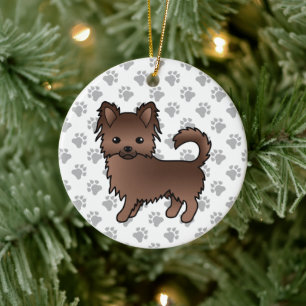 Chocolate Long Coat Chihuahua Cartoon Dog & Paws Ceramic Ornament