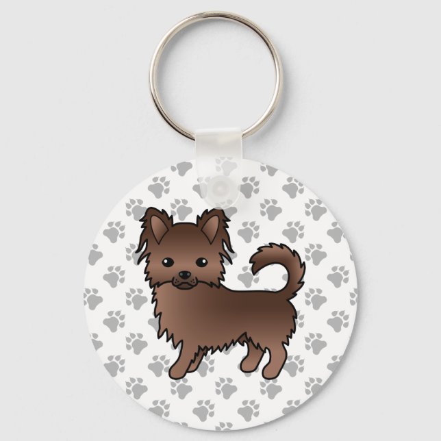 Chocolate Long Coat Chihuahua Cartoon Dog & Paws Key Ring (Front)
