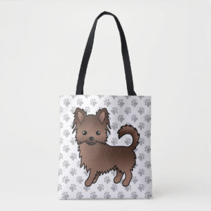 Chocolate Long Coat Chihuahua Cartoon Dog & Paws Tote Bag