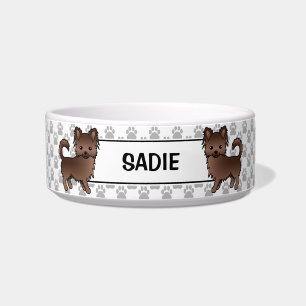 Chocolate Long Coat Chihuahua With Name & Paws Bowl