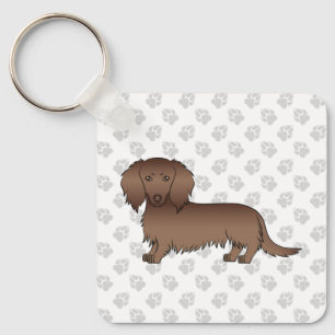 Chocolate Long Hair Dachshund Cartoon Dog Key Ring