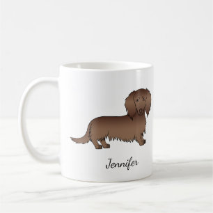 Chocolate Long Hair Dachshund Cartoon Dog & Name Coffee Mug