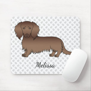 Chocolate Long Hair Dachshund Cartoon Dog & Name Mouse Pad