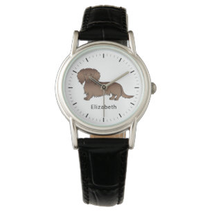 Chocolate Long Hair Dachshund Cartoon Dog & Name Watch