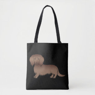 Chocolate Long Hair Dachshund Cartoon Dog On Black Tote Bag