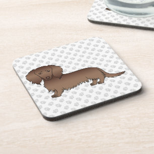 Chocolate Long Hair Dachshund Cartoon Dog & Paws Coaster
