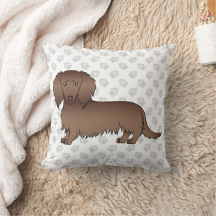 Chocolate Long Hair Dachshund Cartoon Dog & Paws Cushion