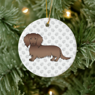 Chocolate Long Hair Dachshund Cartoon Dog & Text Ceramic Ornament