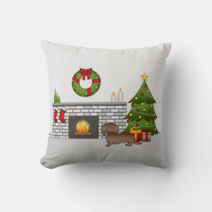 Chocolate Long Hair Dachshund - Christmas Room Cushion