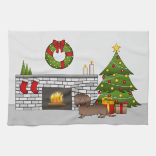 Chocolate Long Hair Dachshund - Christmas Room Tea Towel