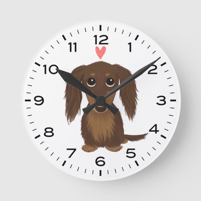 Chocolate Longhaired Dachshund with Heart Cute Dog Round Clock (Front)