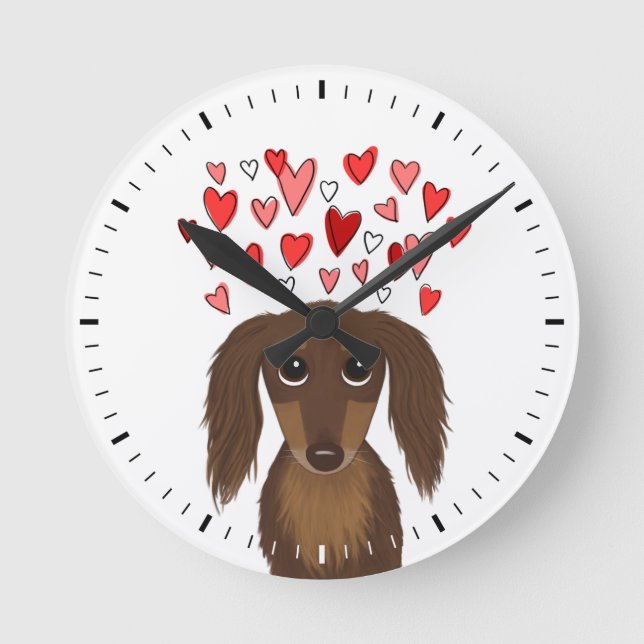 Chocolate Longhaired Dachshund with Hearts Cute Round Clock (Front)
