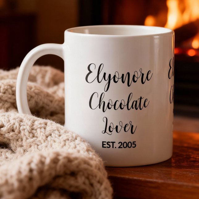 Chocolate Lover Black Script Personalized Name Est Coffee Mug (Creator Uploaded)