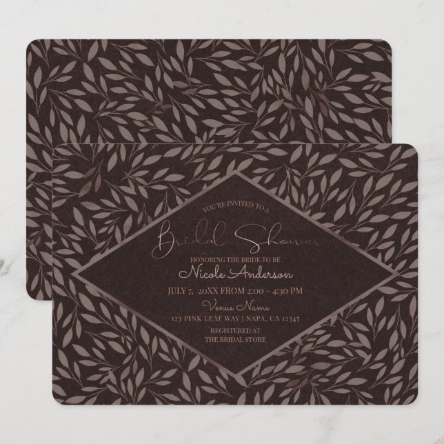 Chocolate Mauve Leaves Botanical Bridal Shower Invitation (Front/Back)
