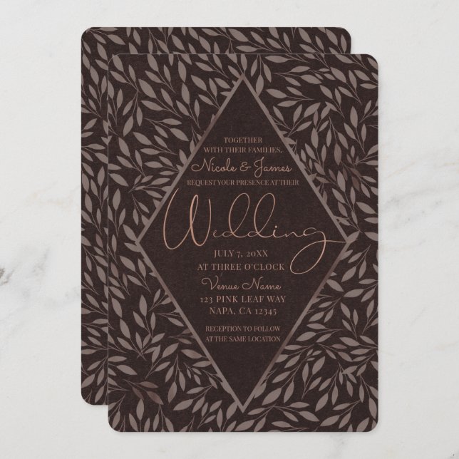 Chocolate Mauve Pink Leaves Botanical Wedding Invitation (Front/Back)