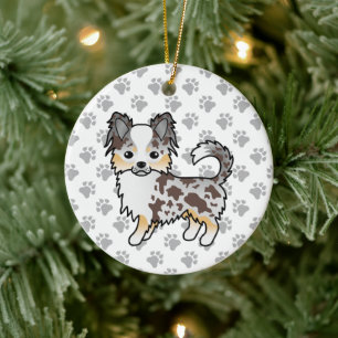 Chocolate Merle Long Coat Chihuahua Dog & Paws Ceramic Ornament